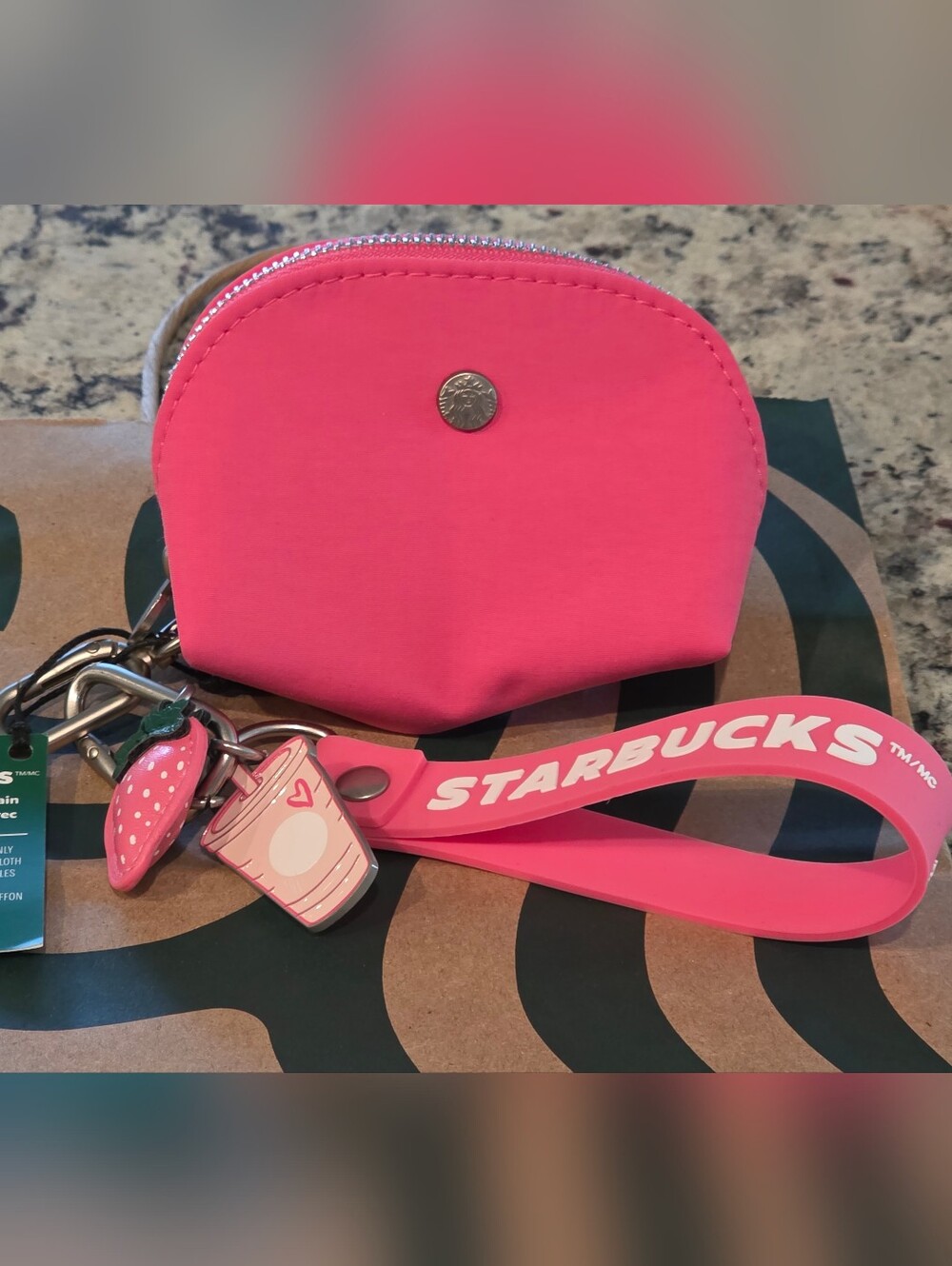 Starbucks Pink Coin Pouch with Pink Strap and Charm Set
